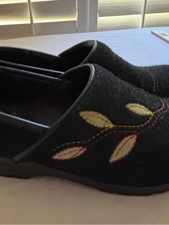 Dansko Black Wool Clogs with Yellow and Red Leaf Stitching - Picture 3 of 8